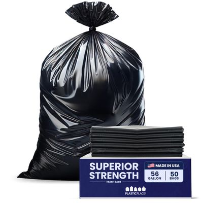 Plasticplace 56 Gallon Trash Bags  2.0 Mil  Black Heavy Duty Liners, Fits Glutton Garbage Can  43 x 46 (50 Count)