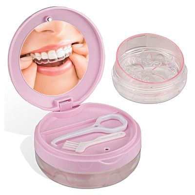 DIDATOOL Denture Box Leak-Proof Dental Retainer Case, Portable Denture Bath with Mirror, Removal Tool and Extra Storage Layer, Denture Case Perfect for Traveling and Daily Use (Pink)