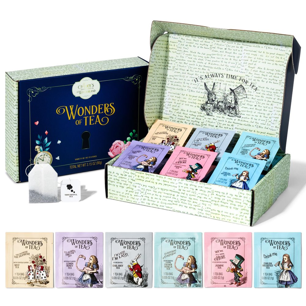 Alices Adventures in Wonderland, Wonder of Tea Gift Set, includes 6 Flavors of Tea with Book Quotes and Illustrations, Set of 90
