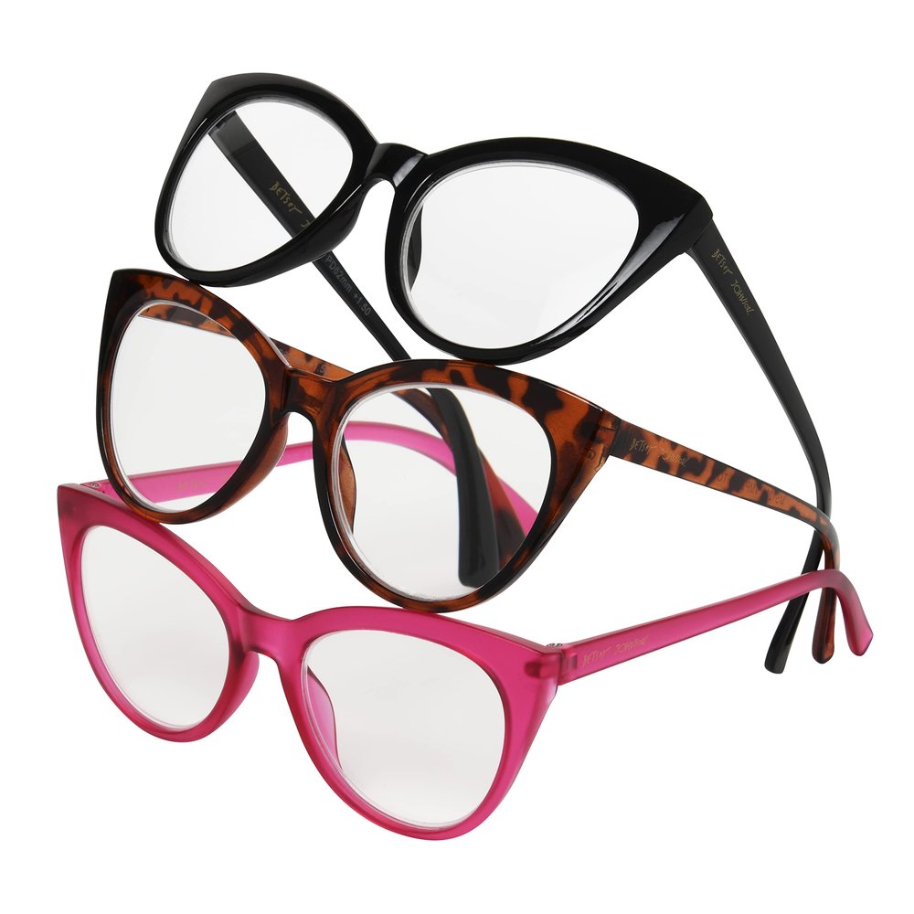 Betsey Johnson Women's Plaid Cat Eye Reading Glasses, Black, Tortoise, Magenta, 52 mm + 2.5