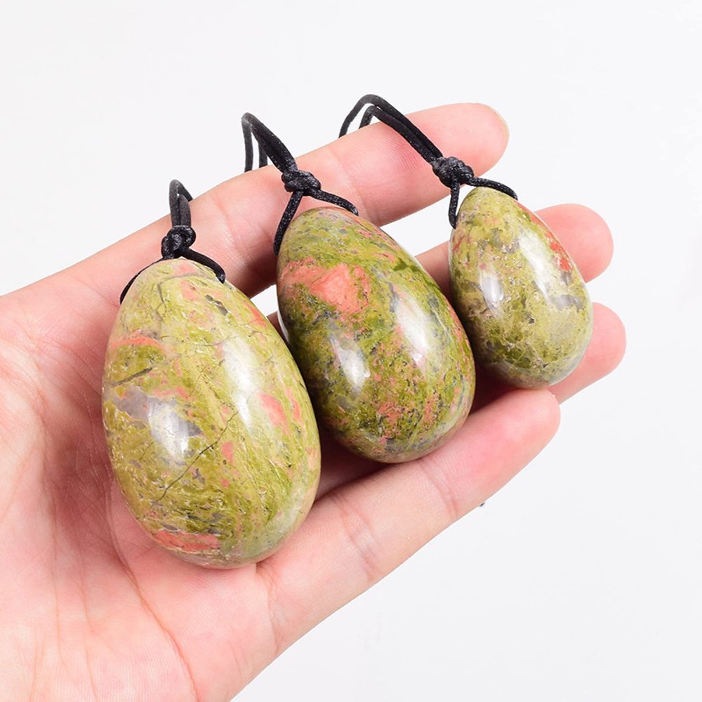 AOWNE Natural Unakite Drilled Yoni Egg Set 100% Natural Kegel Exerciser Yoni Wand Jade Eggs Real Stone Massage Balls,Drilled Eggs No Box