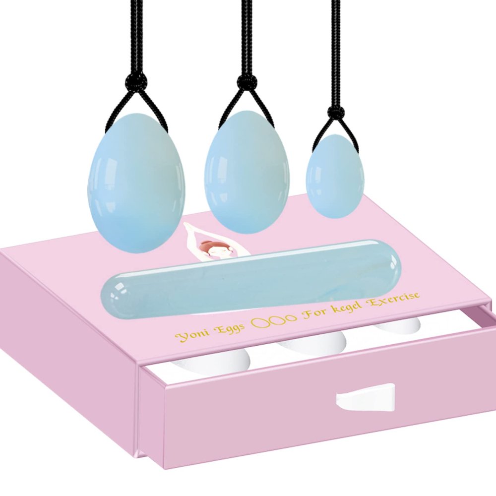 AOWNE Opal Yoni Egg Set 100% Natural Stone Drilled Massage Eggs for Women Kegel Exercise Massage Balls Undrilled Jade Eggs Yoni Wand,Drilled Set with Box