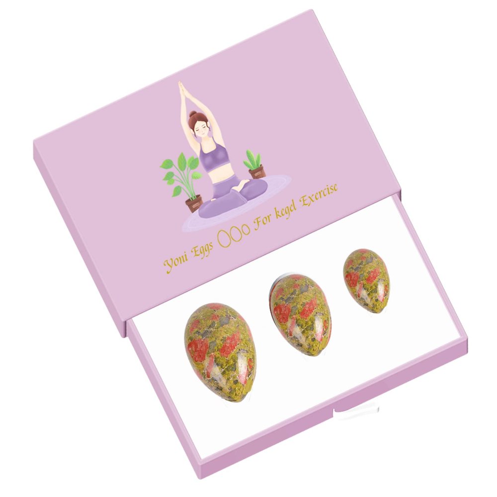 AOWNE Natural Unakite Drilled Yoni Egg Set 100% Natural Kegel Exerciser Yoni Wand Jade Eggs Real Stone Massage Balls,Undrill Egg with Box