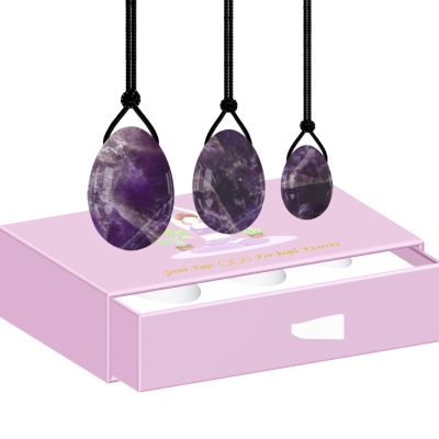 3Pcs Set Natural Amethyst Yoni Egg Women Kegel Exercise Jade Egg Ball Kegel Crystal Egg,Drilled Egg with Box