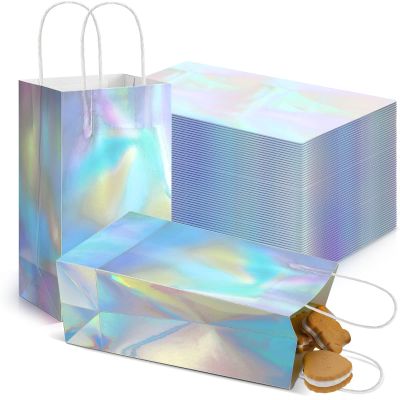 30 Pcs Iridescent Gift Bags Bulk Holographic Party Favor Bag with Handle 8.3 x 5 x 3.2 in Glossy Paper Candy Goodie Flower Handbag for Kpop Disco Wedding Bridal Birthday Graduation Party Supplies