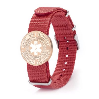 BAIYI HOPE Personalized Rose Gold Medical Alert Bracelet for Women Free Engraving Red Nylon Sport Medical Emergency ID Wristbands for Seniors, 6-9inch