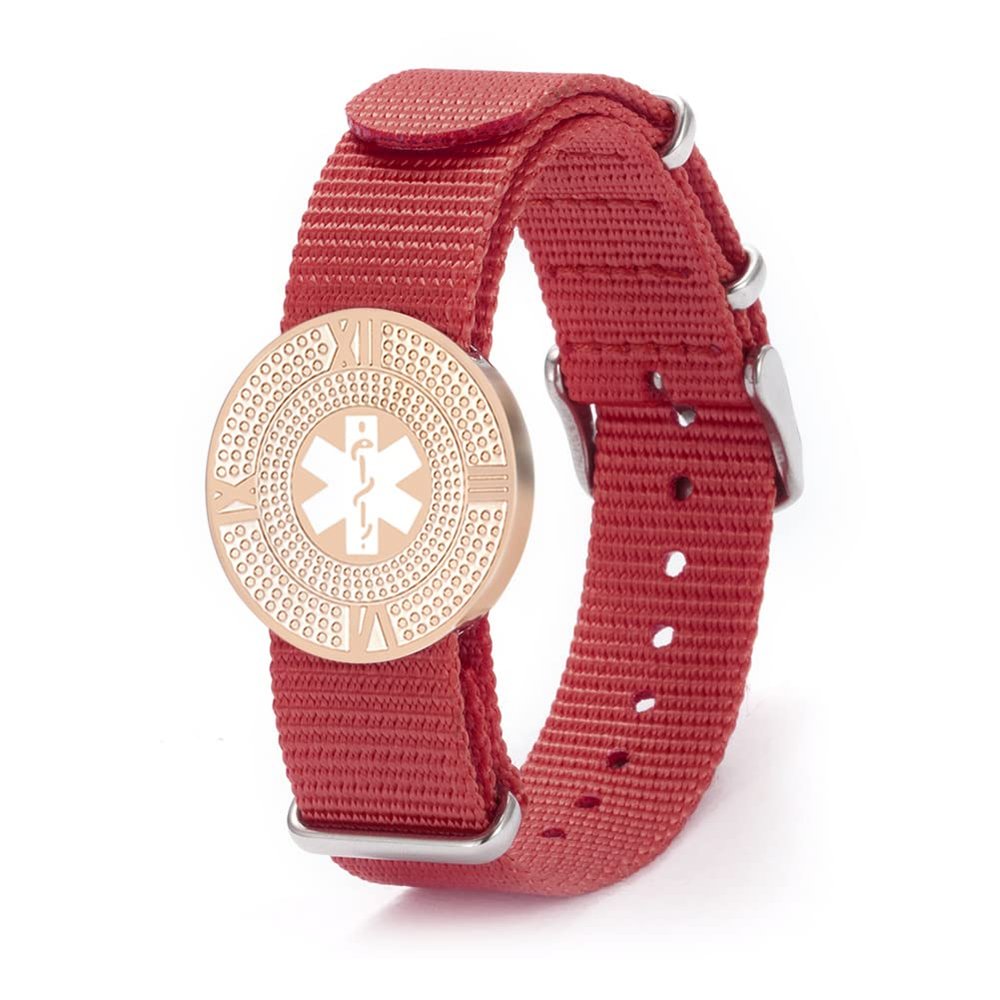 BAIYI HOPE Personalized Rose Gold Medical Alert Bracelet for Women Free Engraving Red Nylon Sport Medical Emergency ID Wristbands for Seniors, 6-9inch