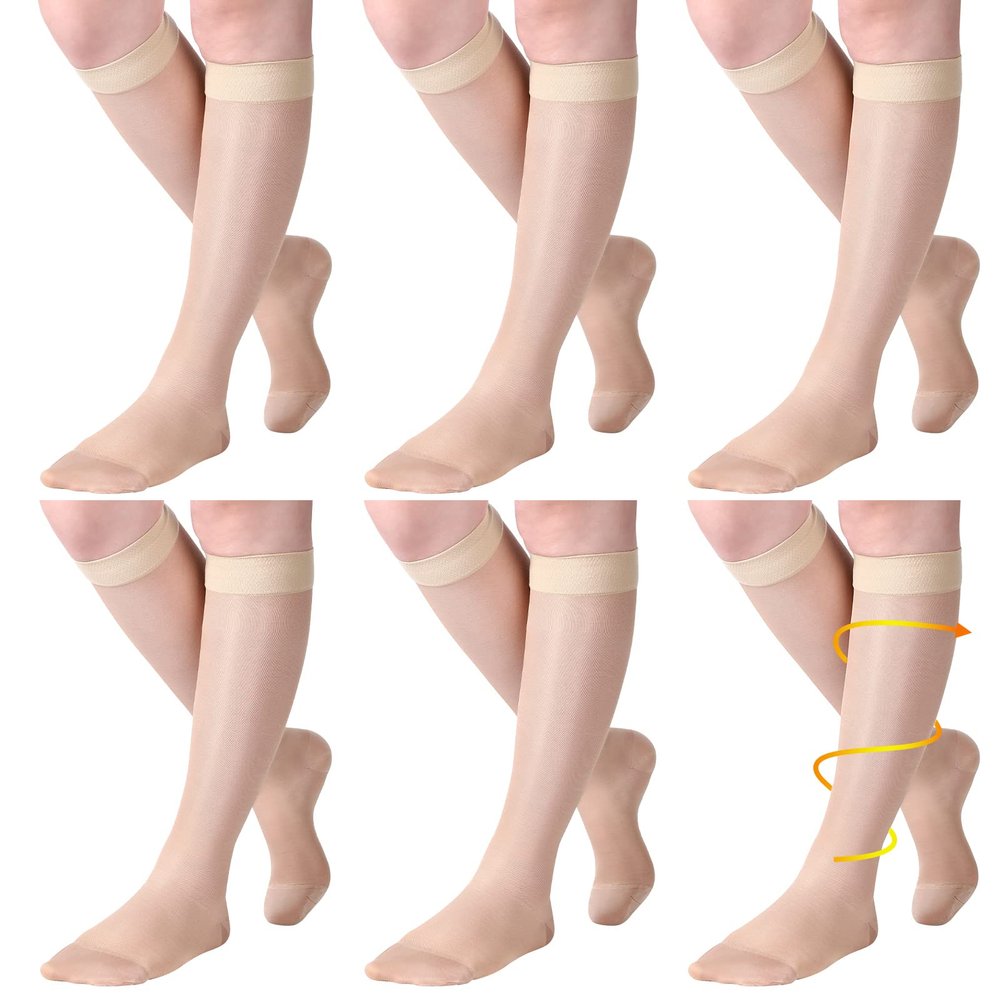 6 Pairs Women's Sheer Compression Socks 20-30mmHg Knee Length Support Stockings for Improving Circulation Sheer Compression Stockings for Women (Beige,X-Large)
