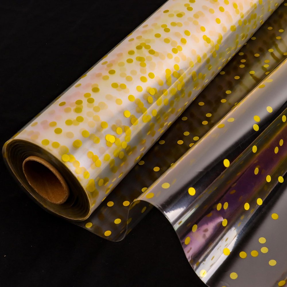 CMFYHM Clear Cellophane Wrap Roll(34" x 120Ft) 3Mil Gold Polka Dot Cellophane, Cellophane Gift Wrap Roll, Cellophane Wrap for Gifts, Baskets, Flowers, Party Decorations