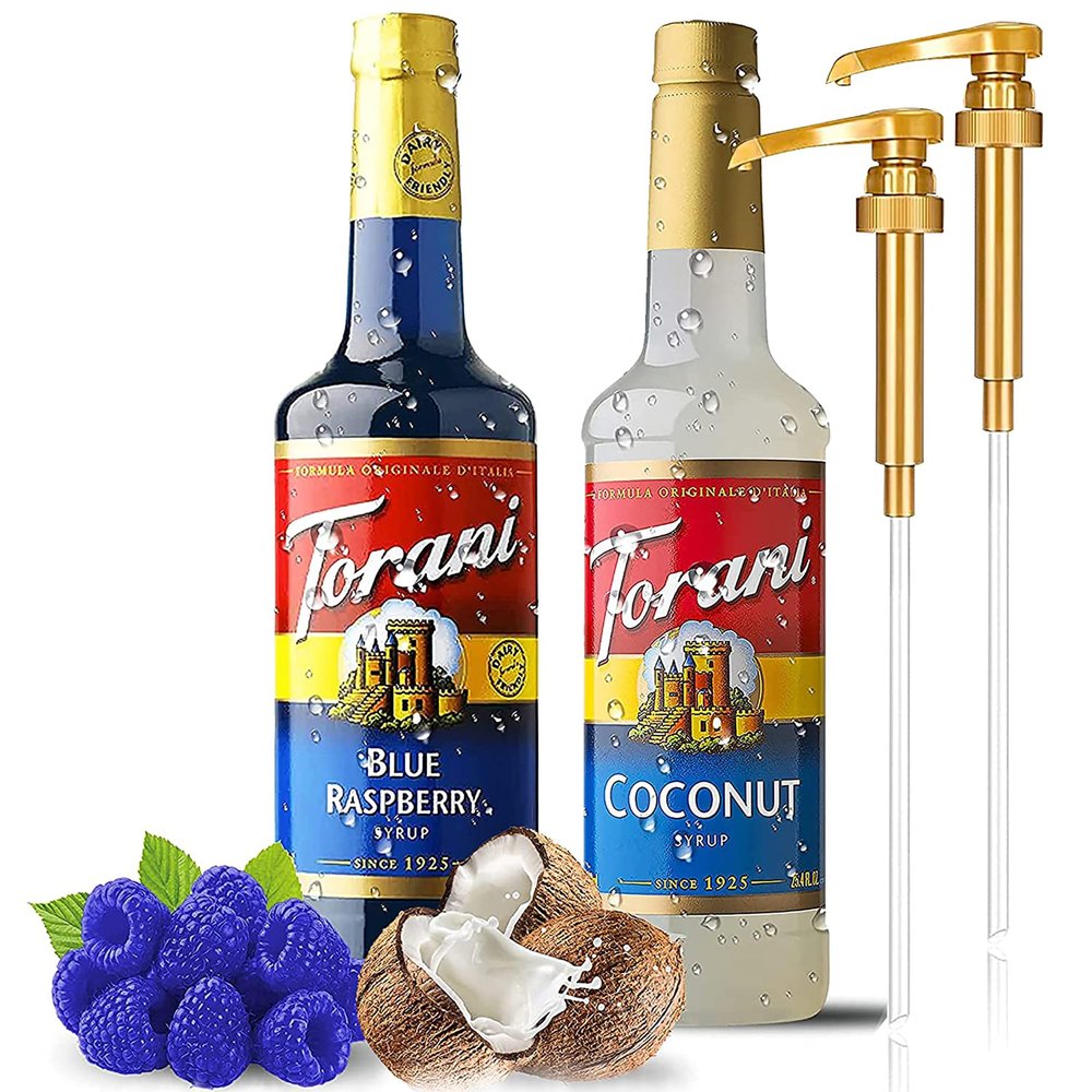 Coffee Syrup Variety Pack - Blue Raspberry and Coconut Syrup for Coffee with 2 Syrup Pump Dispenser Compatible with 25.4 Ounces Syrup Bottle