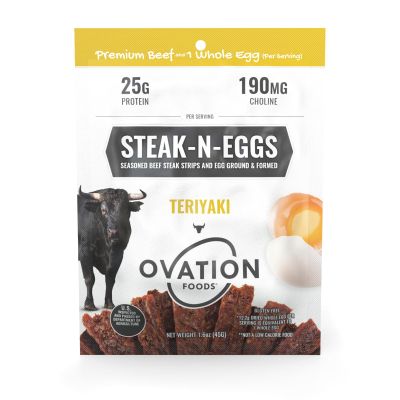 Ovation Foods Steak-N-Eggs Beef Strips, Zero Sugar, High-Protein Jerky (25g premium protein), Gluten Free, KETO, Paleo 1.6oz Bag (10 count) - Teriyaki