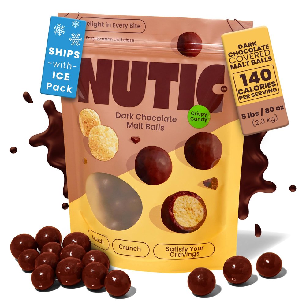 Nutic Dark Chocolate Malted Milk Balls - 5LB, Classic Treats for Holidays and Movie Nights, Luxurious Malt Balls Coated in Rich Dark Chocolate - Made in the USA - (Pack of 1)