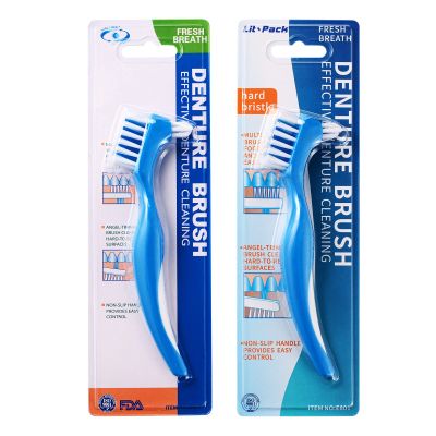 2 Pack Denture Clean Toothbrush for Denture Care Tool w/Multi Layered Ordinary or Hard Bristles Dual Ordinary or Hard Bristle for False Teeth Superb Total Cleaning (1 Ordinary 1hard Brustle Brush)