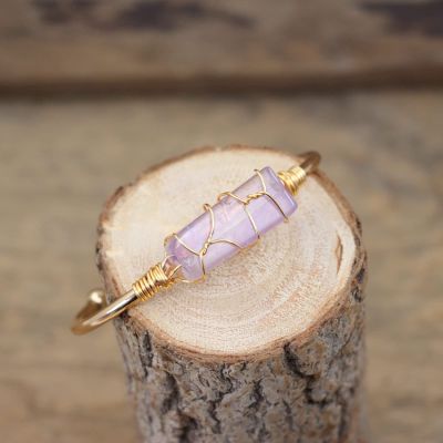 Rectangle Natural Stone Open Cuff Bangles Gold Color Wire Wrap Rose Quartzs Women Summer Bracelet,Black Agate