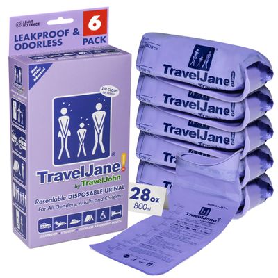 TravelJane Resealable Disposable Urinal Bags 28oz (6 Pack)  Travel Urinal for Women, Men & Kids  Odorless Leakproof Portable Urine Bags  Ideal for Camping, Emergencies & Long Car Rides (TJ1T-C)