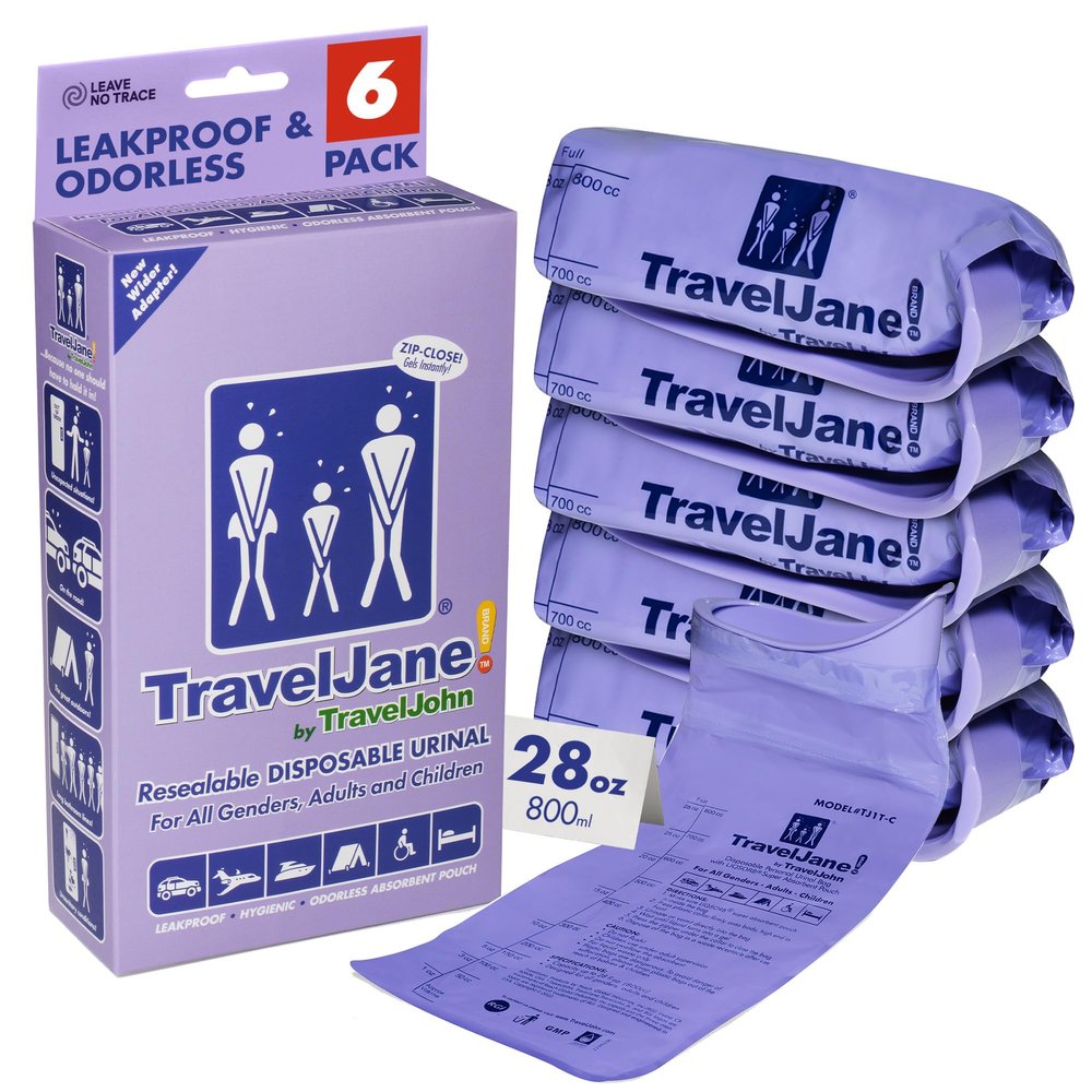 TravelJane Resealable Disposable Urinal Bags 28oz (6 Pack)  Travel Urinal for Women, Men & Kids  Odorless Leakproof Portable Urine Bags  Ideal for Camping, Emergencies & Long Car Rides (TJ1T-C)