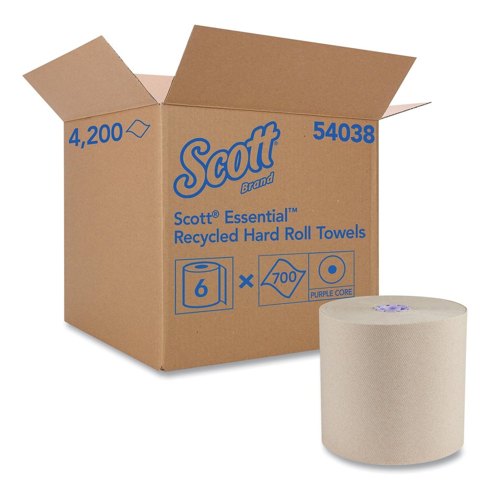 Kimberly-Clark Professional Scott Essential 100% Recycled Fiber Hard Roll Towel, 1.75-inch Core, Brown, 8-inch x 700 ft., 6/Carton (54038)