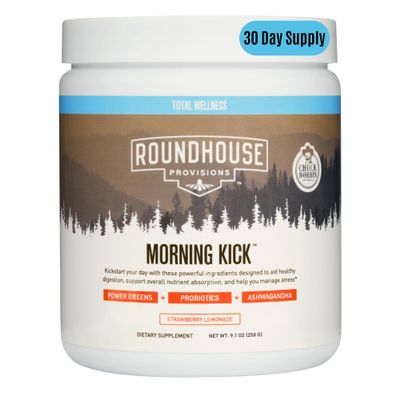ROUNDHOUSE PROVISION Morning Kick, Zero Sugar Greens Superfood Powder Supplement with Ashwagandha, Collagen, Probiotics, Debloat Drink, 30 Servings (Strawberry Lemonade) by Chuck Norris