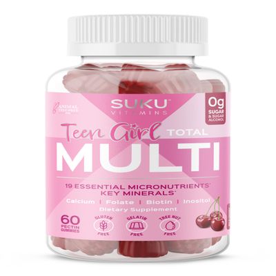 SUKU Teen Girl Multivitamin Gummies Vitamins A, B12, C, D3, E, Biotin & Zinc Sugar-Free Vegetarian Supplement for Skin, Energy, Immune & Bone Health Cherry Flavor 60 Count
