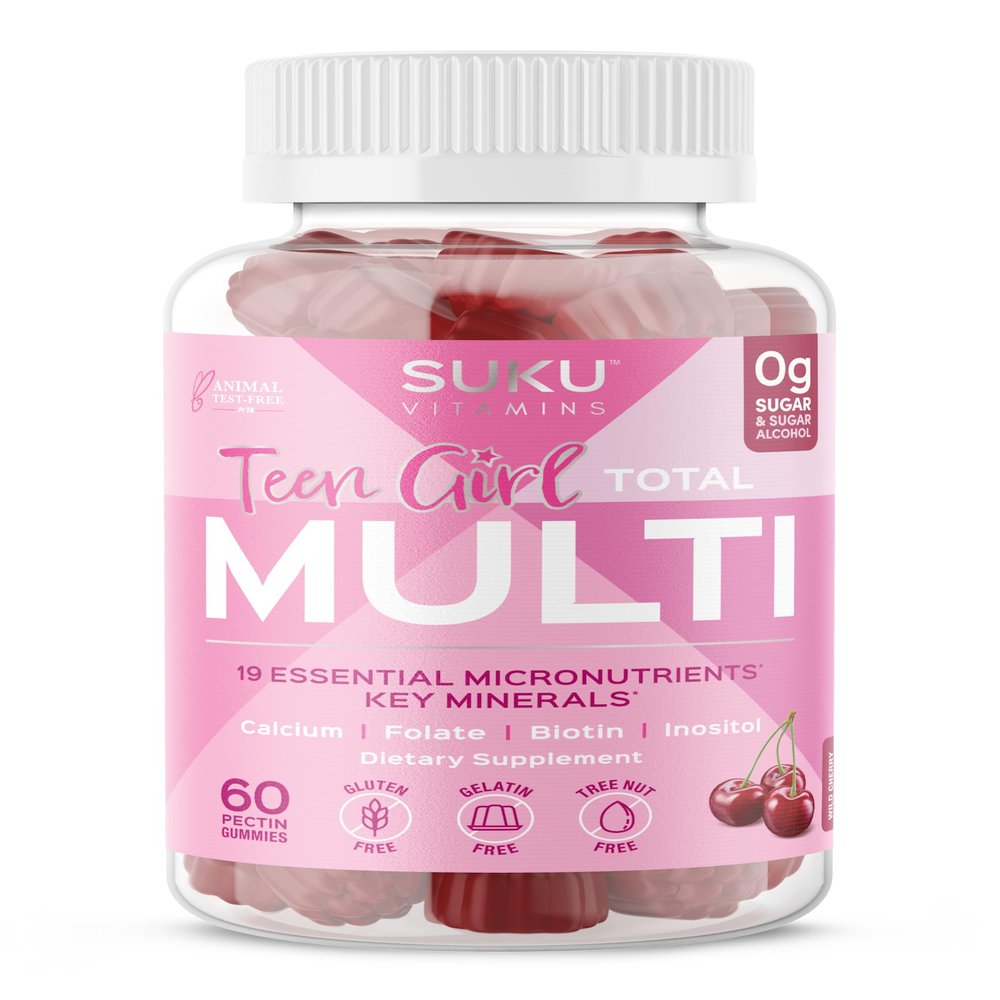 SUKU Teen Girl Multivitamin Gummies Vitamins A, B12, C, D3, E, Biotin & Zinc Sugar-Free Vegetarian Supplement for Skin, Energy, Immune & Bone Health Cherry Flavor 60 Count