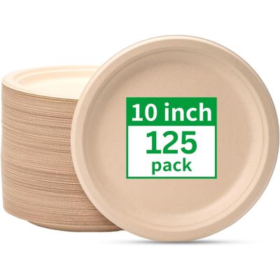 10 inch Compostable Plates, 125 pack Disposable Plate sugarcane fiber plates. Eco-friendly Biodegradable, heavy duty strong for hot or cold meals. Perfect for parties, BBQs, picnics, and home use