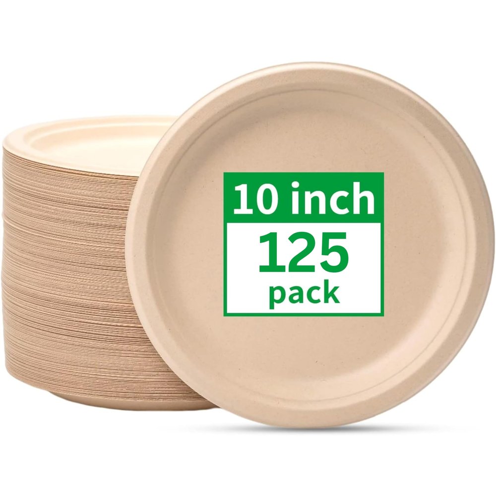 10 inch Compostable Plates, 125 pack Disposable Plate sugarcane fiber plates. Eco-friendly Biodegradable, heavy duty strong for hot or cold meals. Perfect for parties, BBQs, picnics, and home use