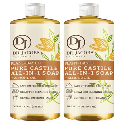 Dr. Jacobs Naturals Almond Castile All-in-One Cleaner and Soap - Plant-Based Formula for House Cleaning Floors and Appliances - Gentle on Skin and the Planet - 32 oz, 2 Pack