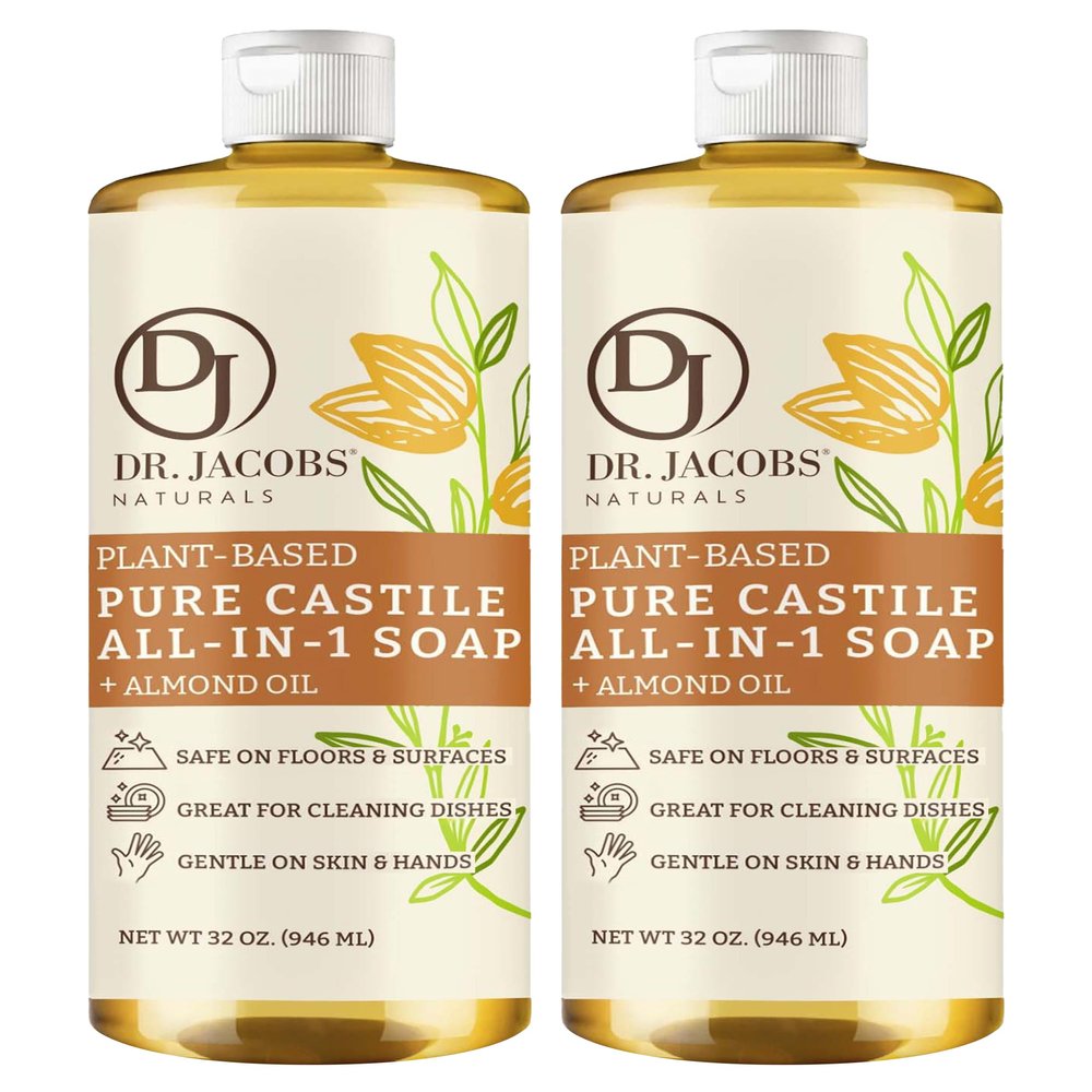 Dr. Jacobs Naturals Almond Castile All-in-One Cleaner and Soap - Plant-Based Formula for House Cleaning Floors and Appliances - Gentle on Skin and the Planet - 32 oz, 2 Pack