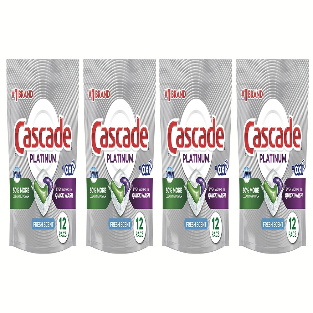 Cascade Platinum + Oxi Dishwasher Pods, Action Pacs Dishwasher Detergent Pods, Fresh Scent, 12 Ct (Pack of 4)