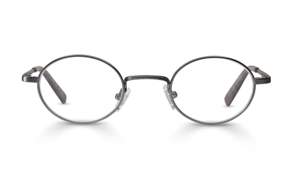 eyebobs Teddy Premium Reading Glasses for Women and Men | Round Average-Size Reading Glasses | Silver Metal Front with Silver Metal and Purple Tort Temples | 4.00