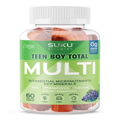 SUKU Teen Boy Multivitamin Gummies Vitamins A, B12, C, D3, E, Zinc & Biotin Sugar-Free Vegetarian Supplement for Energy, Growth, Immune & Bone Health Grape Flavor 60 Count