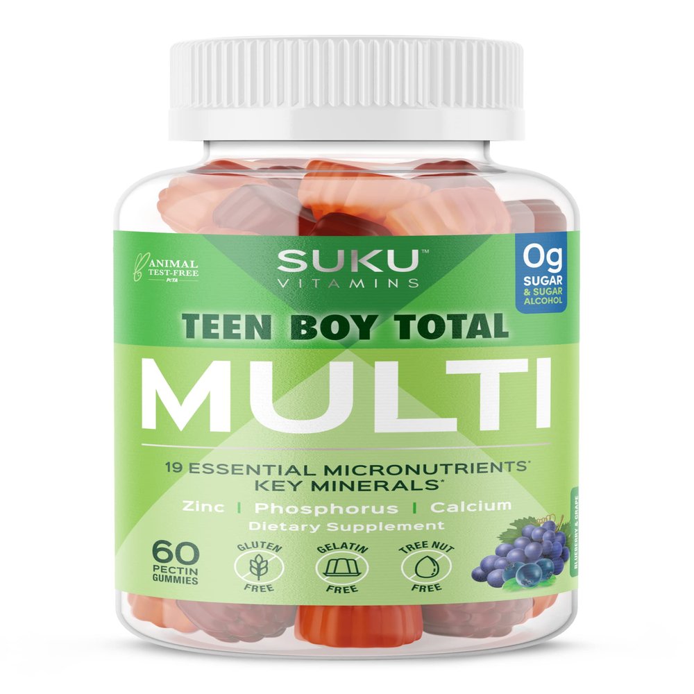 SUKU Teen Boy Multivitamin Gummies Vitamins A, B12, C, D3, E, Zinc & Biotin Sugar-Free Vegetarian Supplement for Energy, Growth, Immune & Bone Health Grape Flavor 60 Count