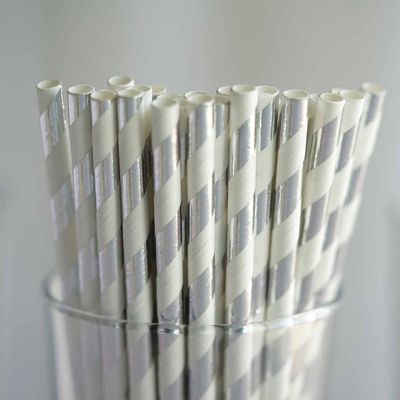 150 pcs 8-Inch Silver and White Striped Paper Straws - Disposable Wedding Party Birthday Event Picnic Supplies