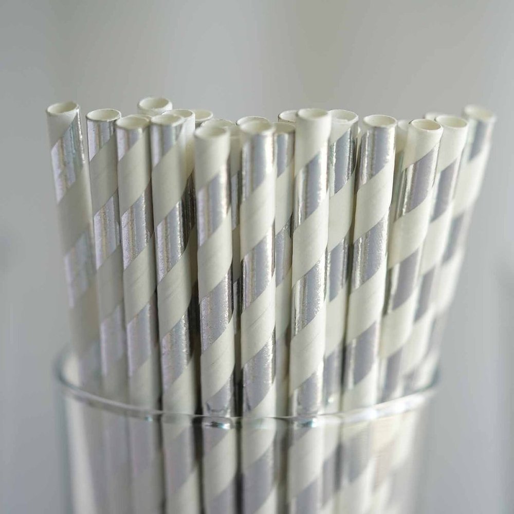 150 pcs 8-Inch Silver and White Striped Paper Straws - Disposable Wedding Party Birthday Event Picnic Supplies