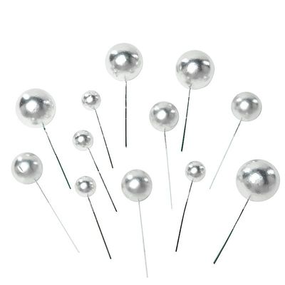 12 Silver Cake Topper Picks Faux Pearl Balls Cupcake Decorations Wedding Birthday Party Events Reception Accessories