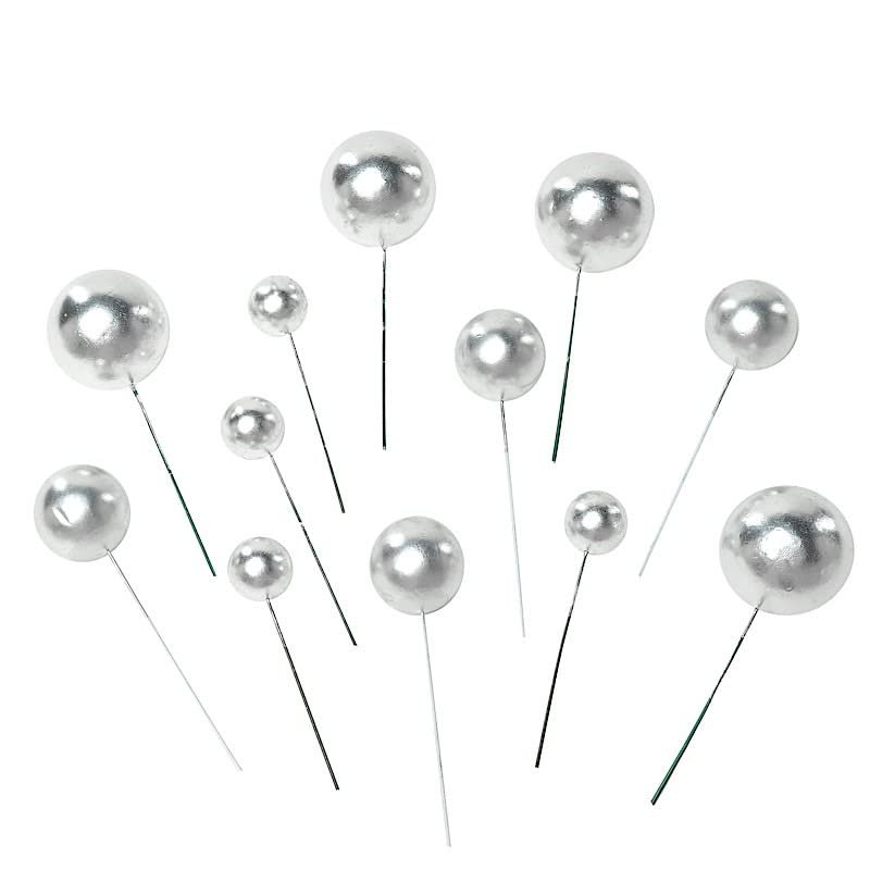 12 Silver Cake Topper Picks Faux Pearl Balls Cupcake Decorations Wedding Birthday Party Events Reception Accessories