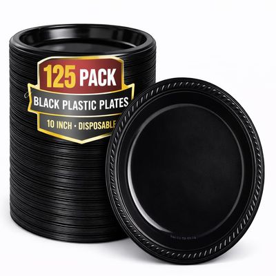 1InTheHome 10 Inch Round Black Plastic Plates - Disposable, Pack of 125