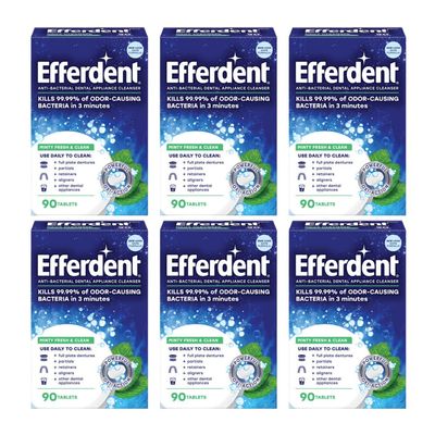 Efferdent Retainer Cleaning Tablets, Denture Cleaning Tablets for Dental Appliances, Minty Fresh & Clean, 90 Count. (Pack of 6)