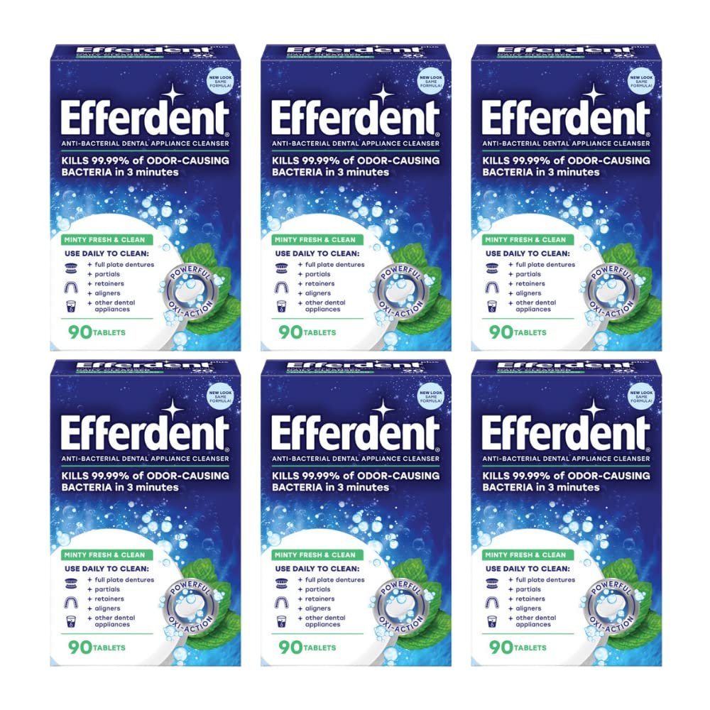 Efferdent Retainer Cleaning Tablets, Denture Cleaning Tablets for Dental Appliances, Minty Fresh & Clean, 90 Count. (Pack of 6)