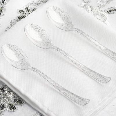 100 pcs Clear Silver Glittered Plastic Spoons - Disposable Wedding Party Event Catering Tableware