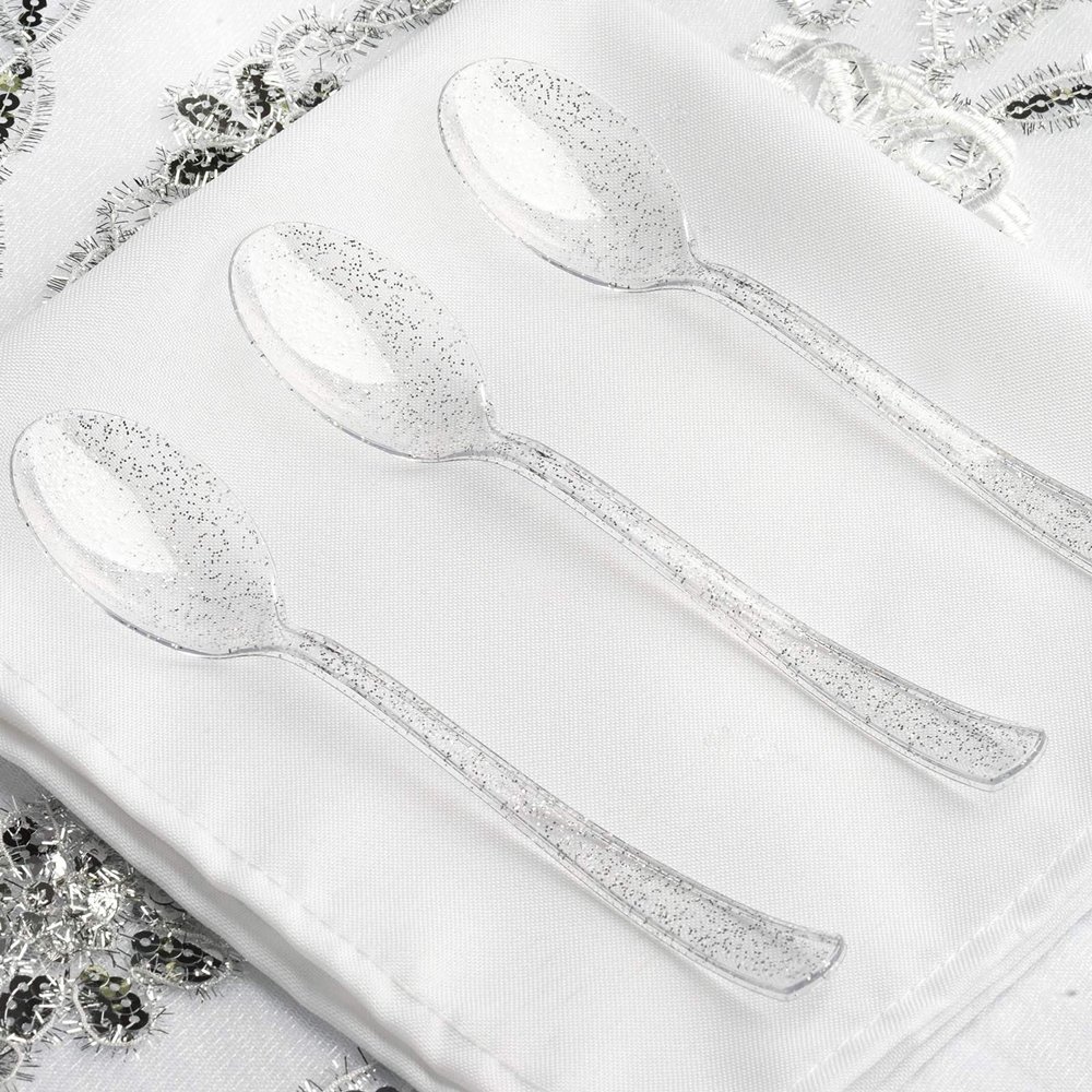 100 pcs Clear Silver Glittered Plastic Spoons - Disposable Wedding Party Event Catering Tableware