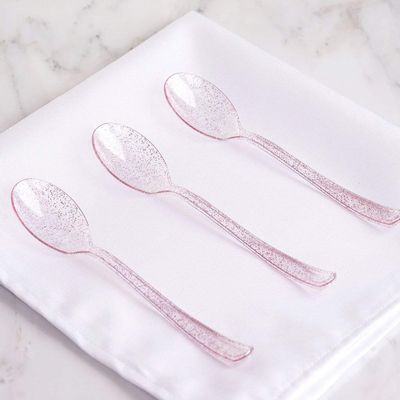 100 pcs Clear Blush Glittered Plastic Spoons - Disposable Wedding Party Event Catering Tableware