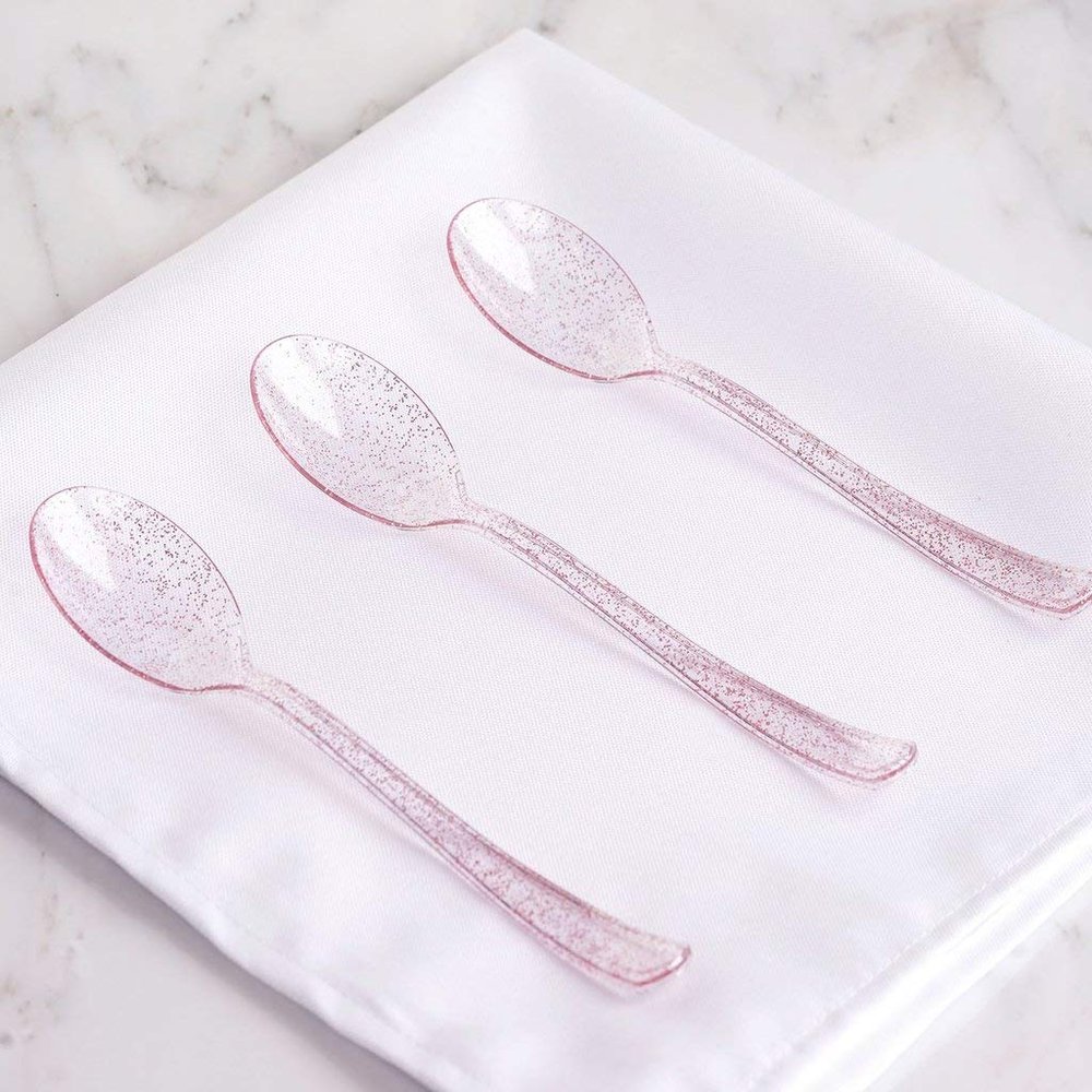 100 pcs Clear Blush Glittered Plastic Spoons - Disposable Wedding Party Event Catering Tableware