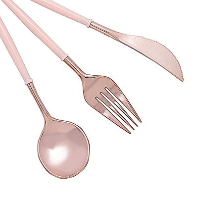 24 Rose Gold Blush Disposable Plastic Cutlery Spoon Fork and Knife Set for Weddings Parties Birthdays Receptions Events Dinnerware Tableware Decorations