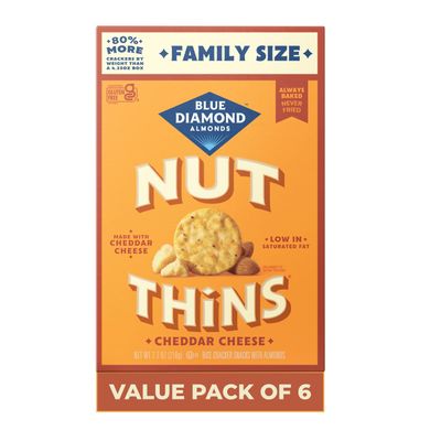Blue Diamond Almonds Nut-Thins Gluten Free Cracker Crisps, Cheddar Cheese, Family Size, 7.7 oz (Pack of 6)