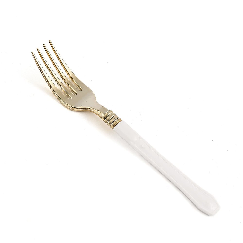 48 7-Inch Metallic Gold White Handle Disposable Plastic Forks Wedding Tableware Home Party Event Catering Supplies
