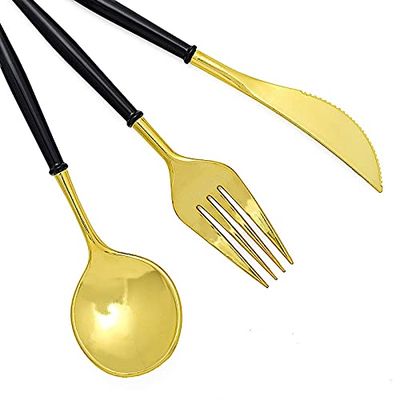 24 Gold Black Disposable Plastic Cutlery Spoon Fork and Knife Set for Weddings Parties Birthdays Receptions Events Dinnerware Tableware Decorations