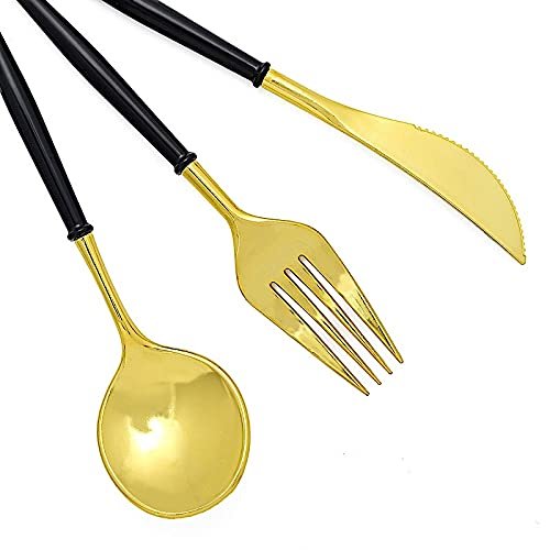 24 Gold Black Disposable Plastic Cutlery Spoon Fork and Knife Set for Weddings Parties Birthdays Receptions Events Dinnerware Tableware Decorations
