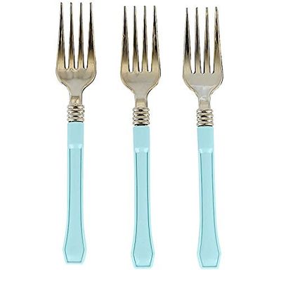 48 7-Inch Metallic Gold Forks Blue Handle Disposable Plastic Tableware Wedding Reception Party Events Catering Supplies