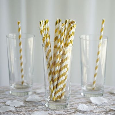 150 pcs 8-Inch Gold and White Striped Paper Straws - Disposable Wedding Party Birthday Event Picnic Supplies